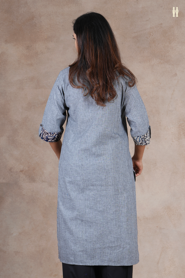 Mandarin Neck Plain Grey Cotton Long Kurta