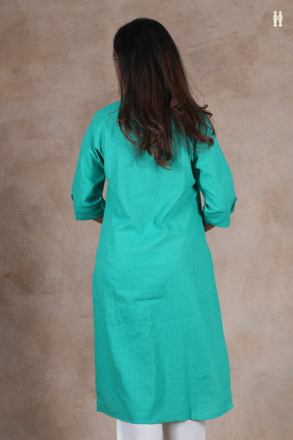 Mandarin Collar Plain Green Cotton Long Kurta