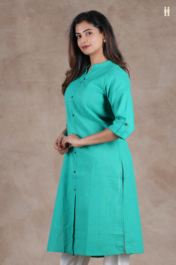 Mandarin Collar Plain Green Cotton Long Kurta