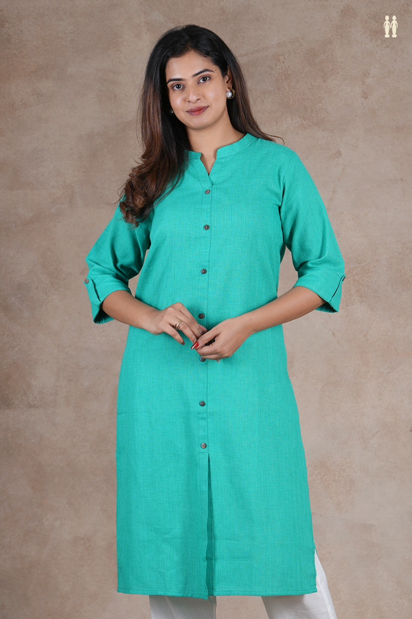 Mandarin Collar Plain Green Cotton Long Kurta
