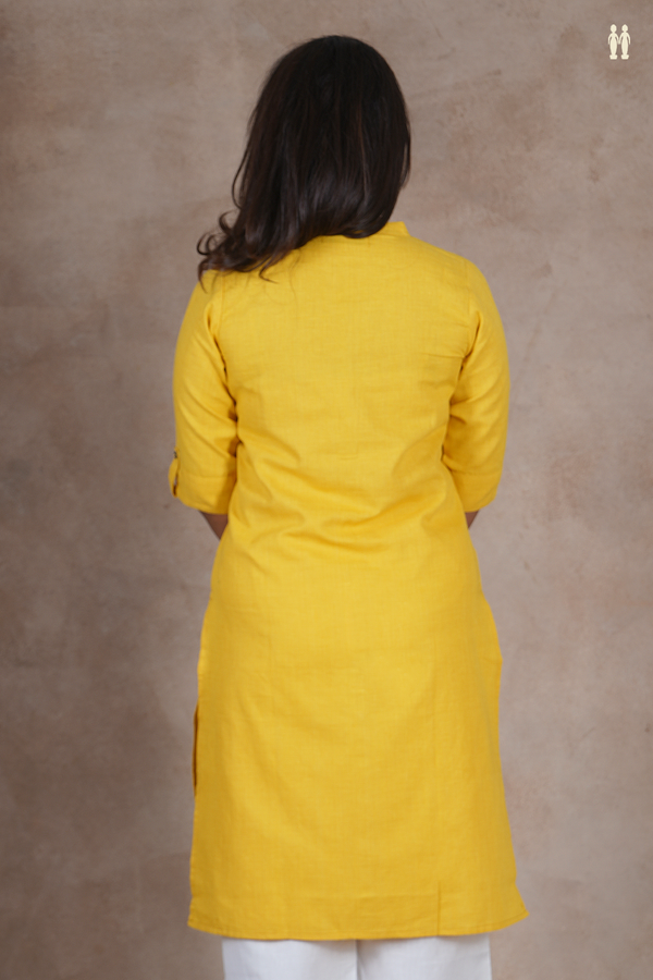 Mandarin Collar Plain Yellow Cotton Long Kurta