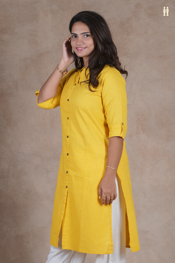 Mandarin Collar Plain Yellow Cotton Long Kurta