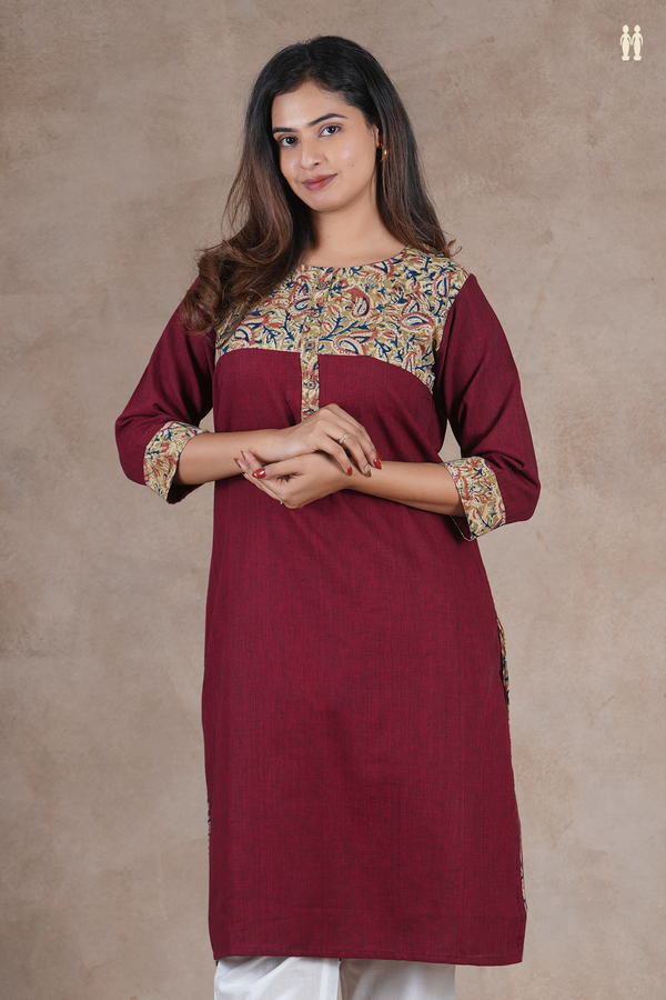 Round Neck Plain Design Burgundy Red Cotton Long Kurta