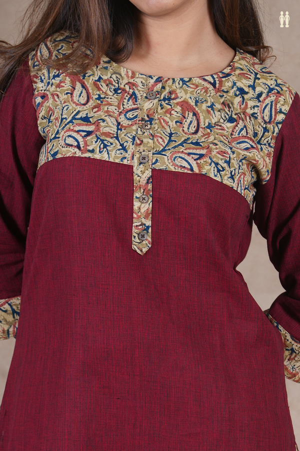 Round Neck Plain Design Burgundy Red Cotton Long Kurta