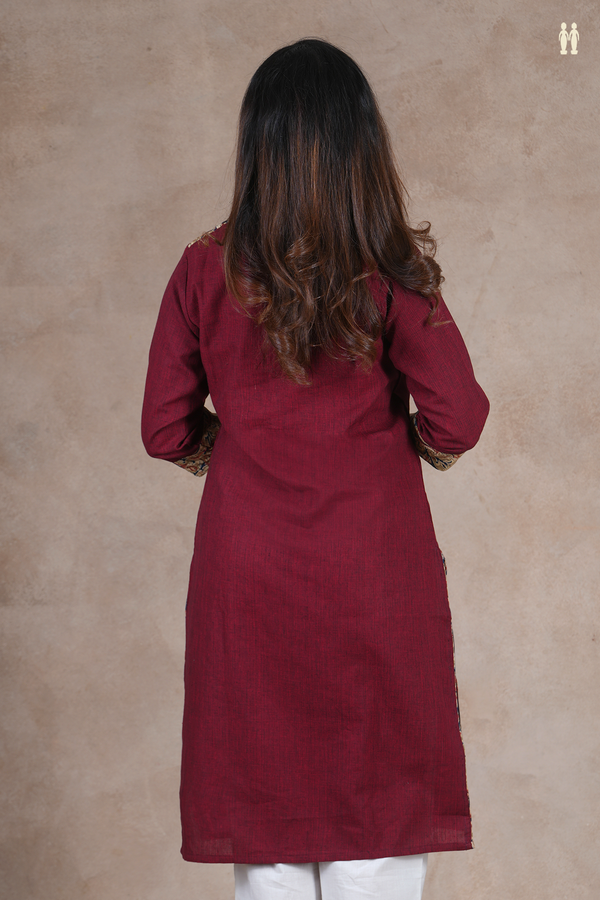 Round Neck Plain Design Burgundy Red Cotton Long Kurta