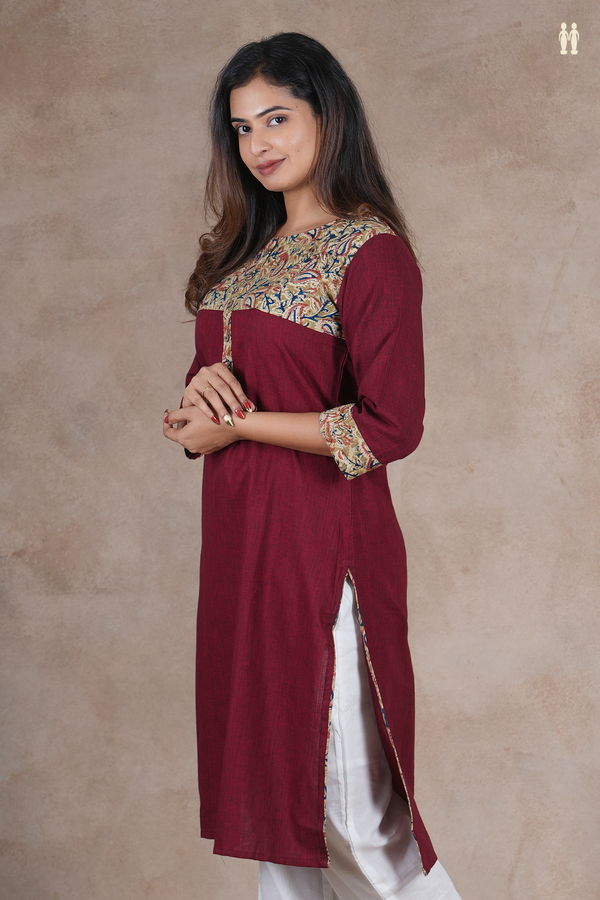 Round Neck Plain Design Burgundy Red Cotton Long Kurta
