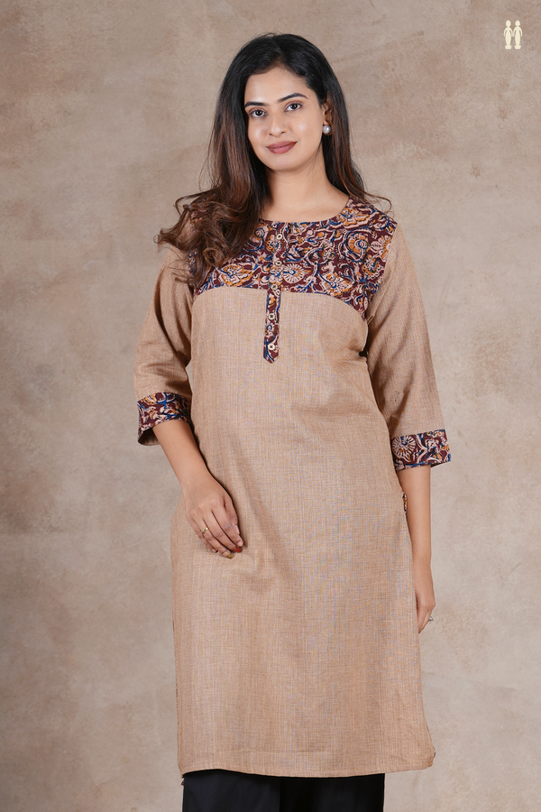 Round Neck Plain Light Brown Cotton Long Kurta