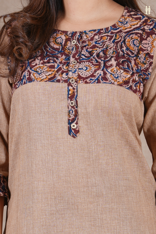 Round Neck Plain Light Brown Cotton Long Kurta