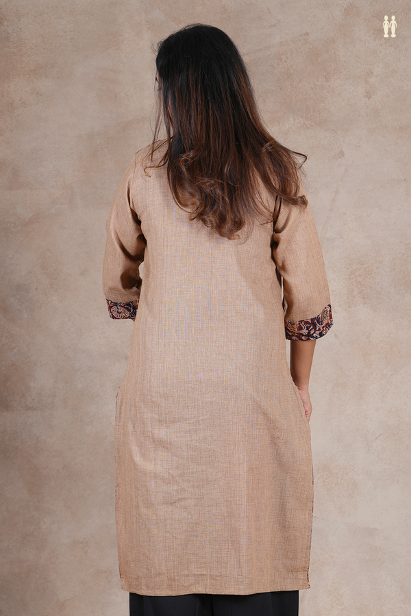 Round Neck Plain Light Brown Cotton Long Kurta
