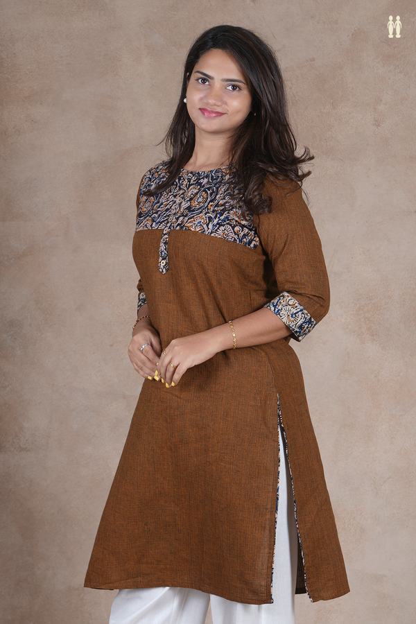 Round Neck Plain Olive Brown Cotton Long Kurta