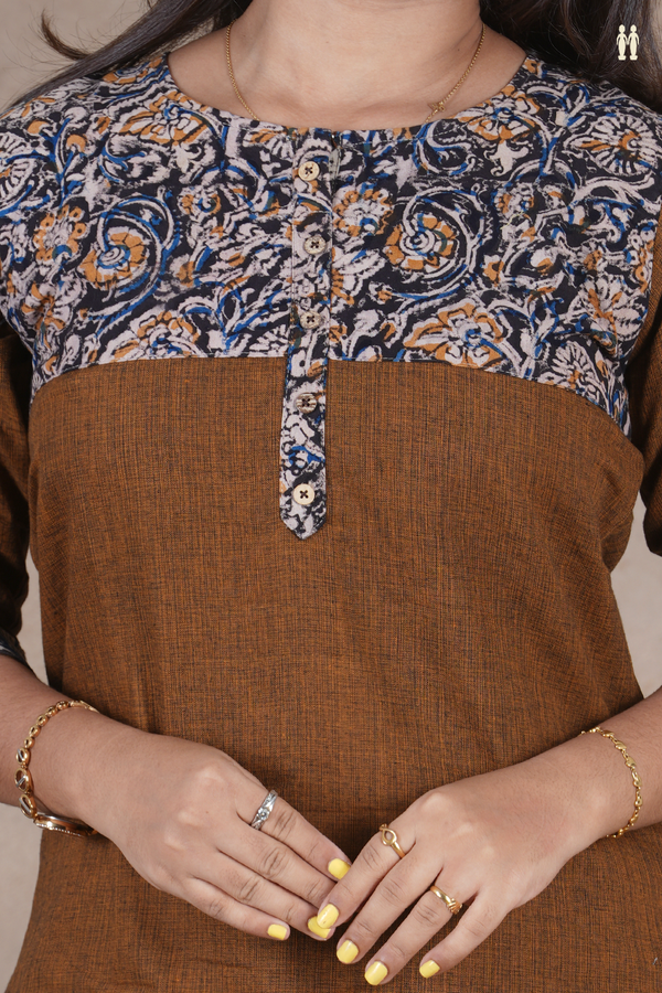Round Neck Plain Olive Brown Cotton Long Kurta