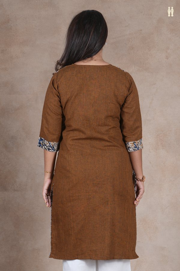 Round Neck Plain Olive Brown Cotton Long Kurta
