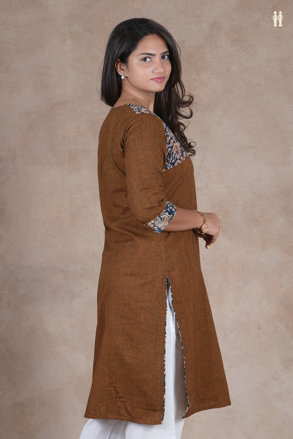 Round Neck Plain Olive Brown Cotton Long Kurta