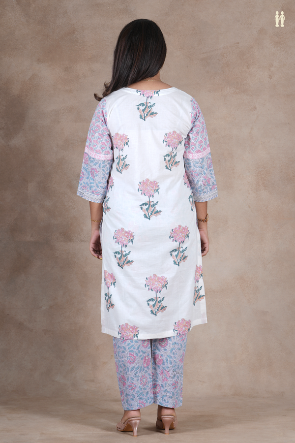 Split Neck Floral Design White Cotton Salwar Set
