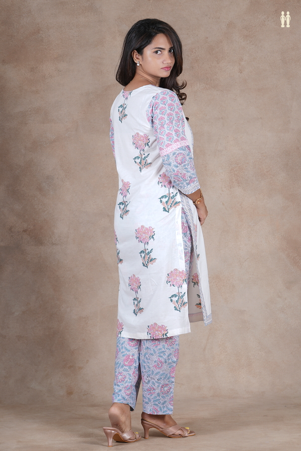 Split Neck Floral Design White Cotton Salwar Set