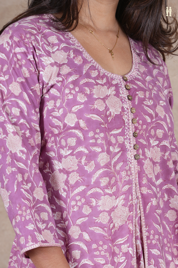 Round Neck Floral Design Dusty Lavender Cotton Long Kurta