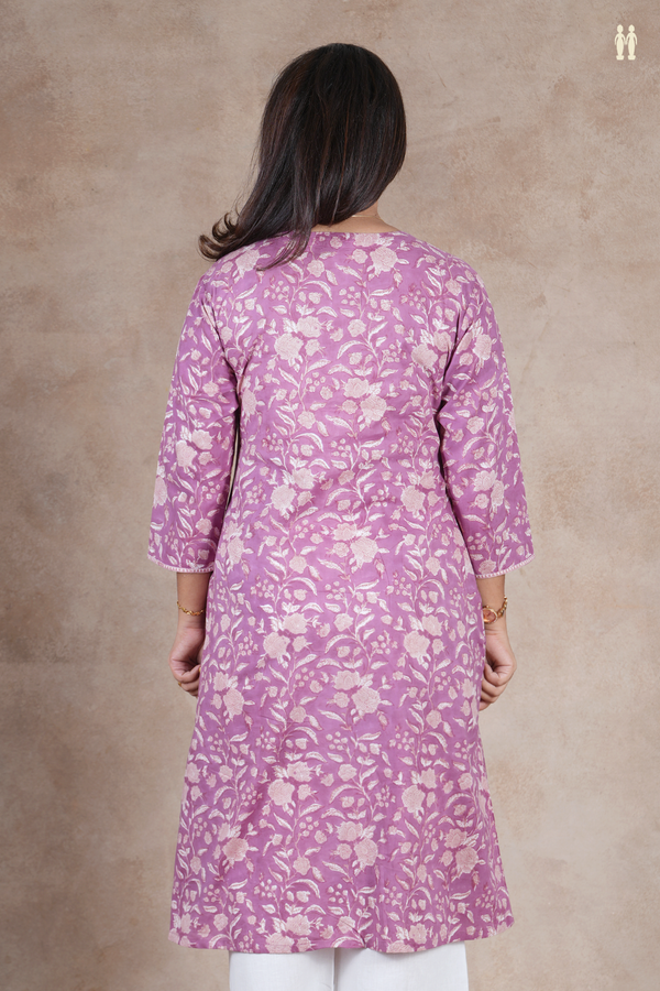 Round Neck Floral Design Dusty Lavender Cotton Long Kurta