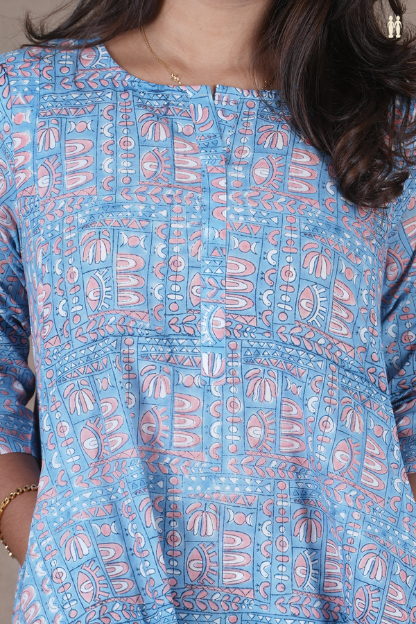 Round Neck Printed Design Blue Cotton Long Kurta
