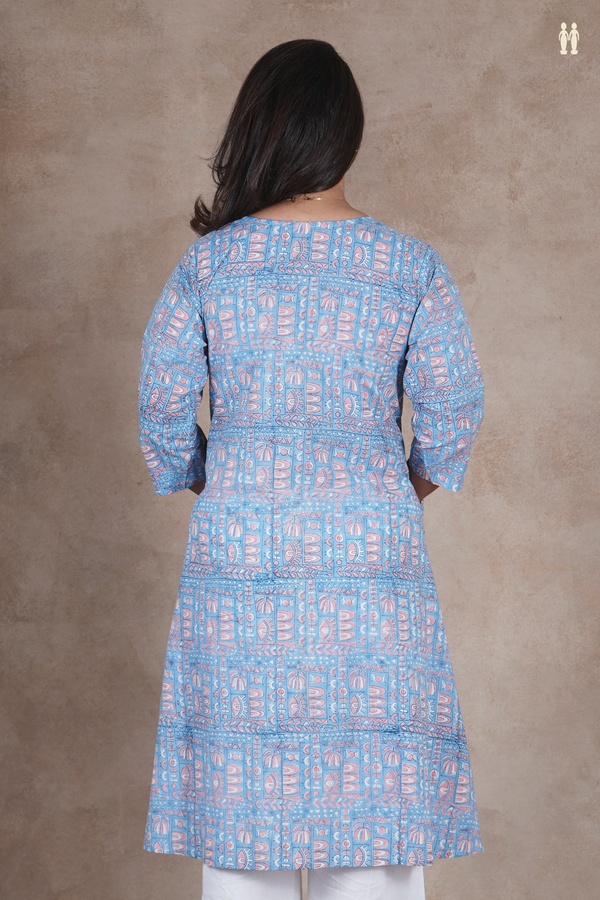 Round Neck Printed Design Blue Cotton Long Kurta