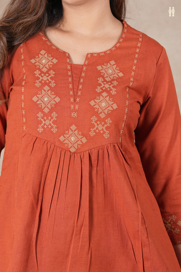 Split Neck Threadwork Design Burnt Orange Cotton Short Top