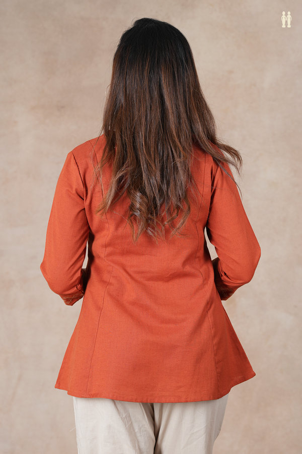 Split Neck Threadwork Design Burnt Orange Cotton Short Top