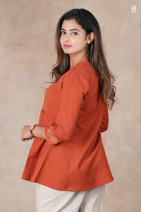 Split Neck Threadwork Design Burnt Orange Cotton Short Top