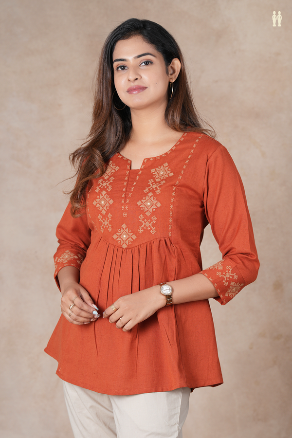 Split Neck Threadwork Design Burnt Orange Cotton Short Top