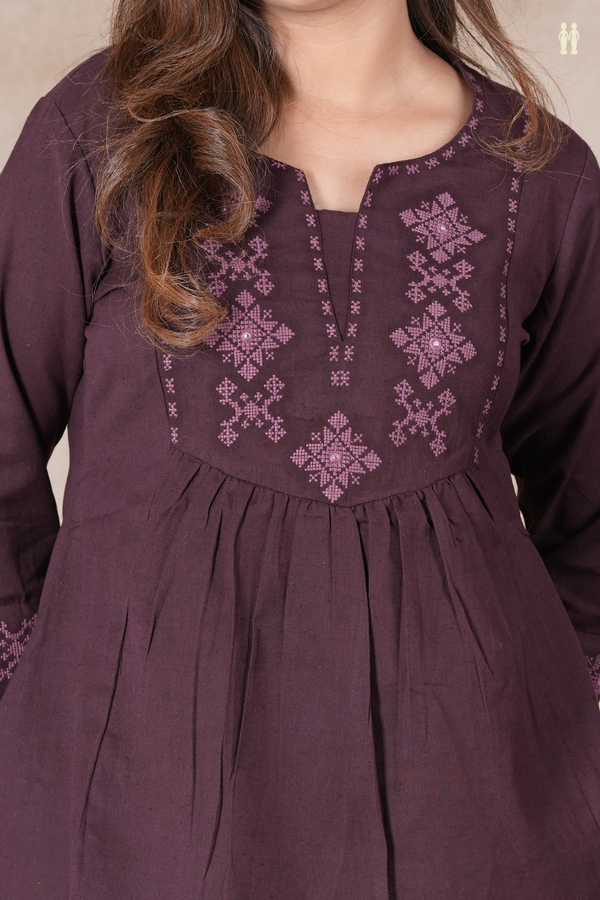 Split Neck Threadwork Design Coffee Brown Cotton Short Top