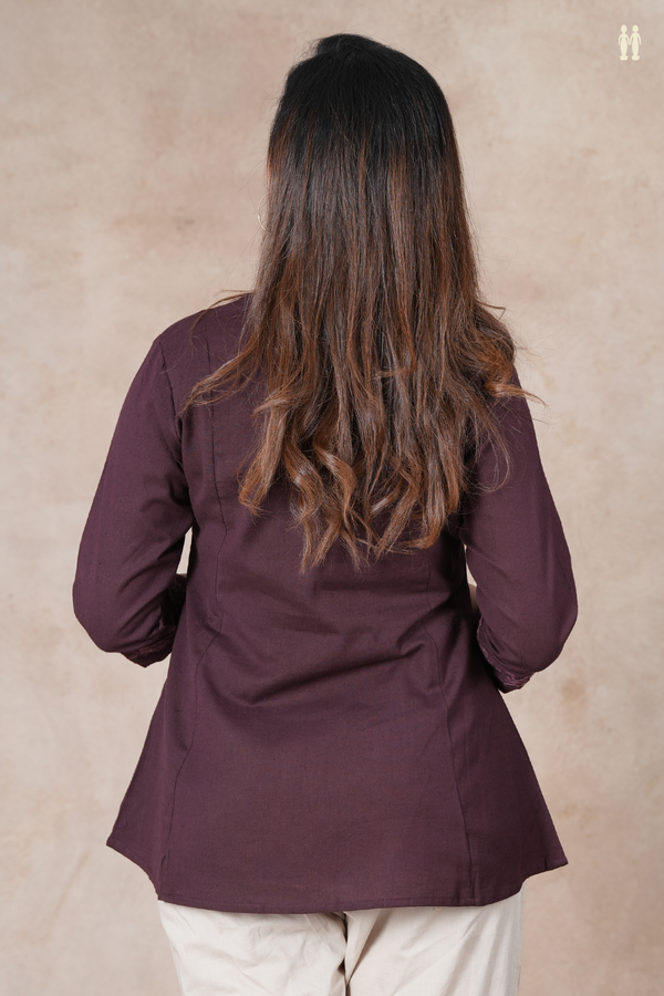 Split Neck Threadwork Design Coffee Brown Cotton Short Top