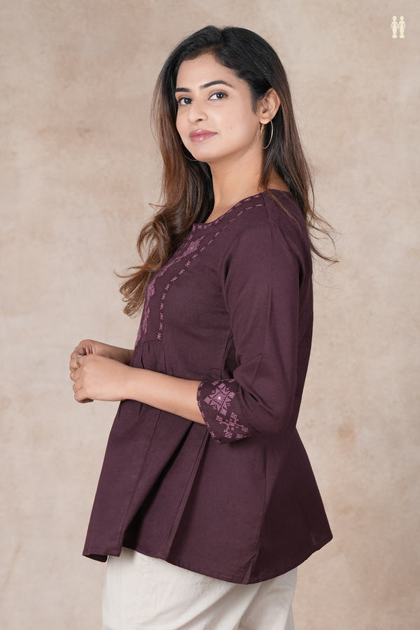Split Neck Threadwork Design Coffee Brown Cotton Short Top