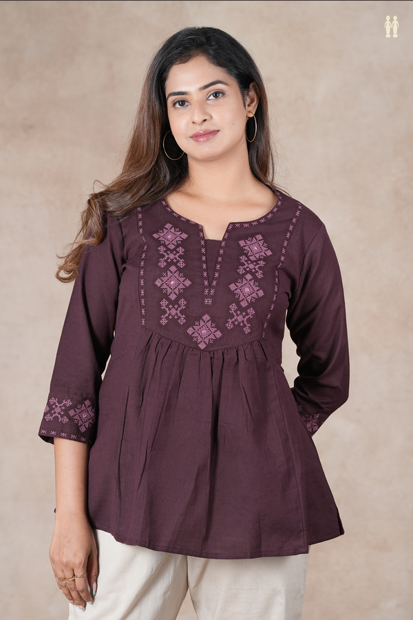 Split Neck Threadwork Design Coffee Brown Cotton Short Top