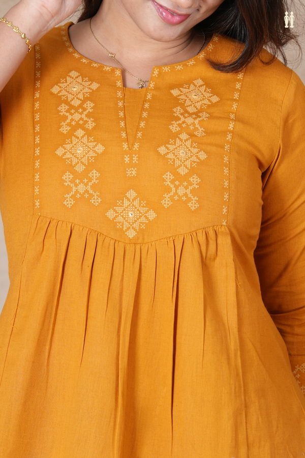 Split Neck Threadwork Design Honey Orange Cotton Short Top