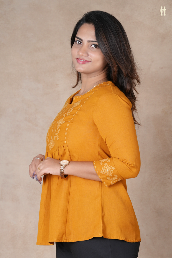 Split Neck Threadwork Design Honey Orange Cotton Short Top