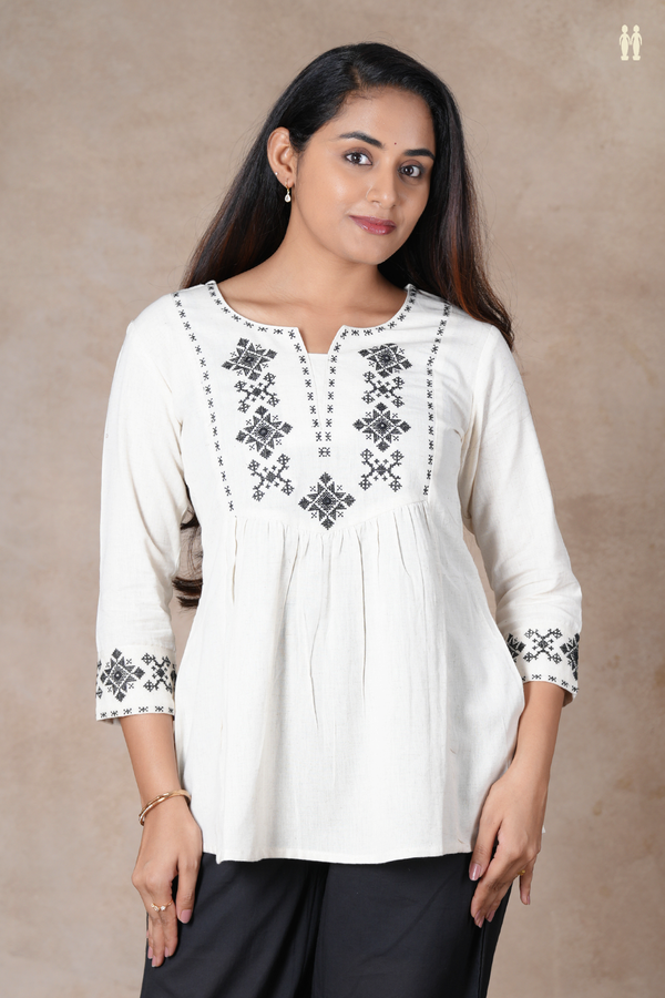 Split Neck Threadwork Design Off White Cotton Short Top