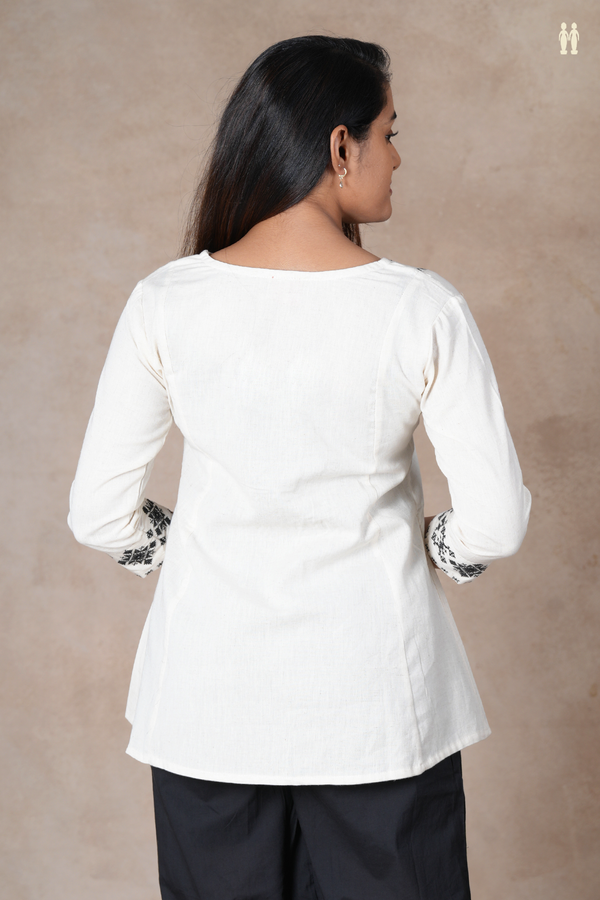 Split Neck Threadwork Design Off White Cotton Short Top