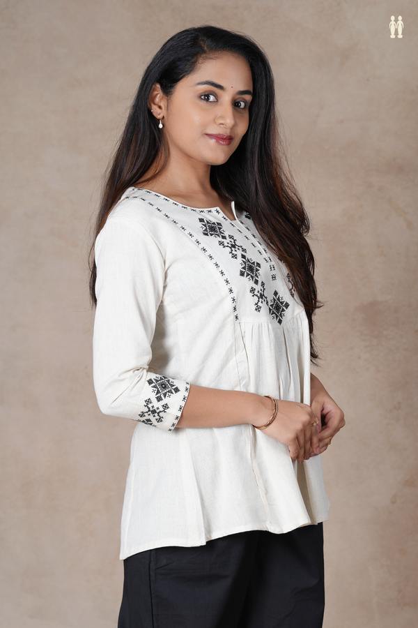 Split Neck Threadwork Design Off White Cotton Short Top