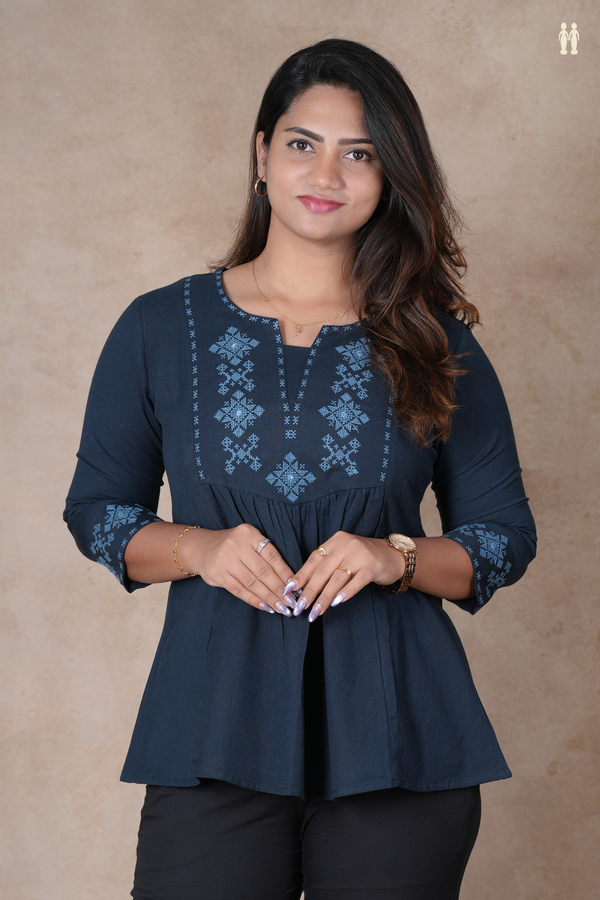 Split Neck Threadwork Design Midnight Blue Cotton Short Top