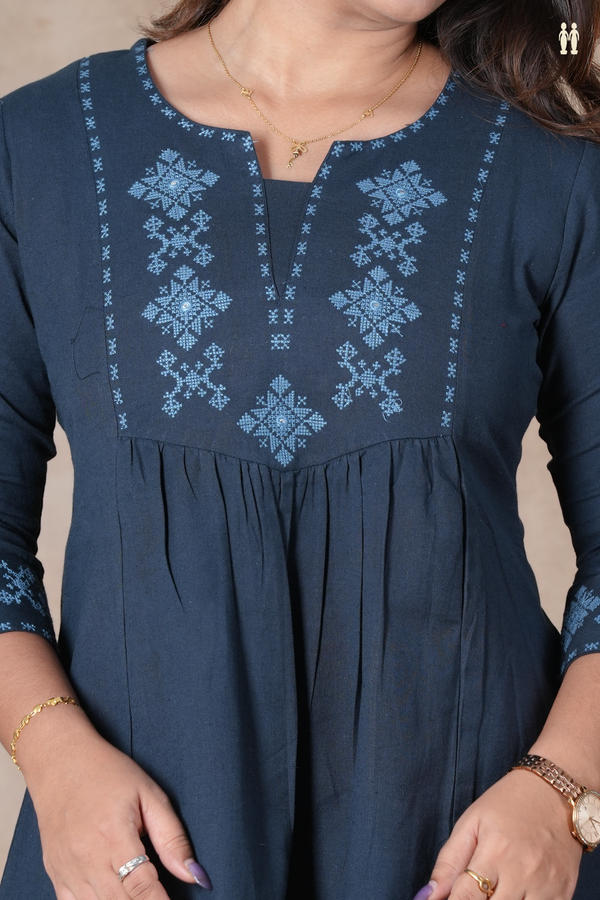 Split Neck Threadwork Design Midnight Blue Cotton Short Top