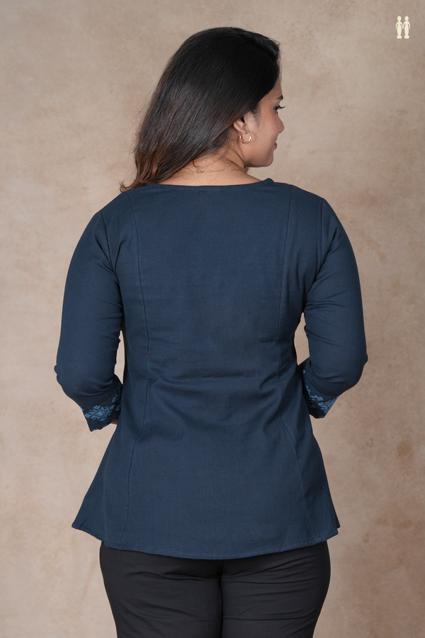 Split Neck Threadwork Design Midnight Blue Cotton Short Top