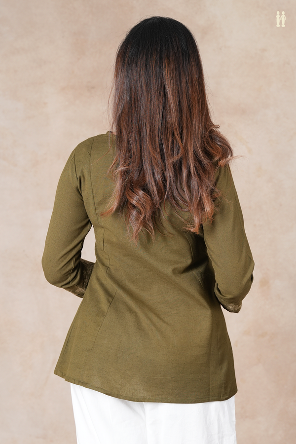 Split Round Neck Plain Olive Green Cotton Short Top