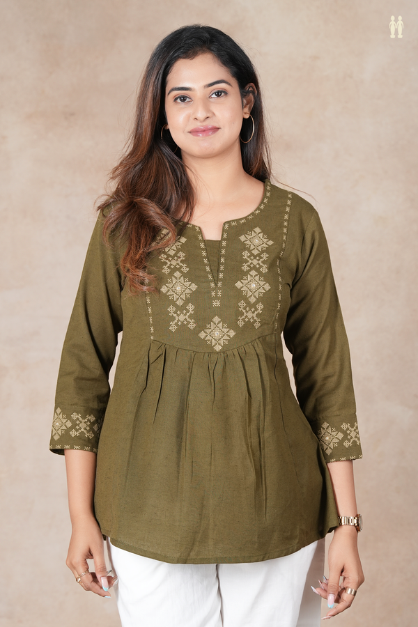 Split Round Neck Plain Olive Green Cotton Short Top
