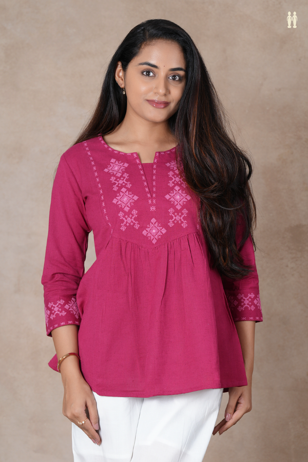 Split Neck Threadwork Design Dark Pink Cotton Short Top