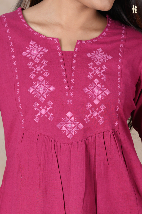 Split Neck Threadwork Design Dark Pink Cotton Short Top