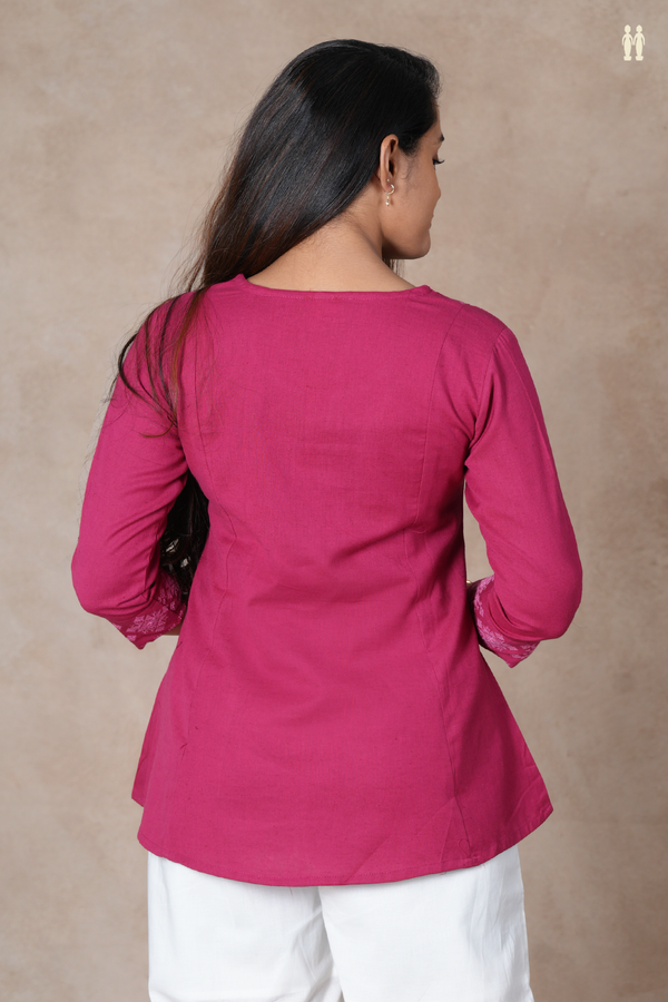 Split Neck Threadwork Design Dark Pink Cotton Short Top