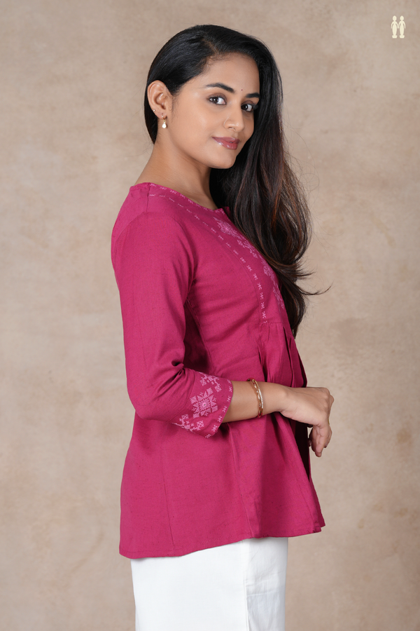 Split Neck Threadwork Design Dark Pink Cotton Short Top