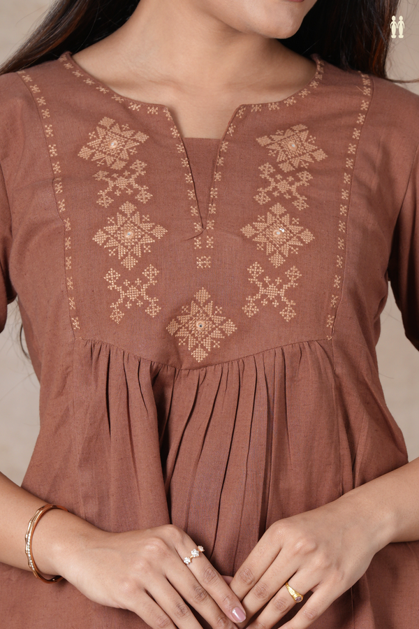 Split Neck Threadwork Design Brown Cotton Short Top