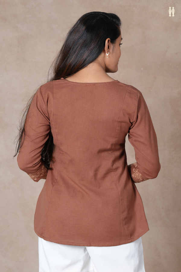 Split Neck Threadwork Design Brown Cotton Short Top