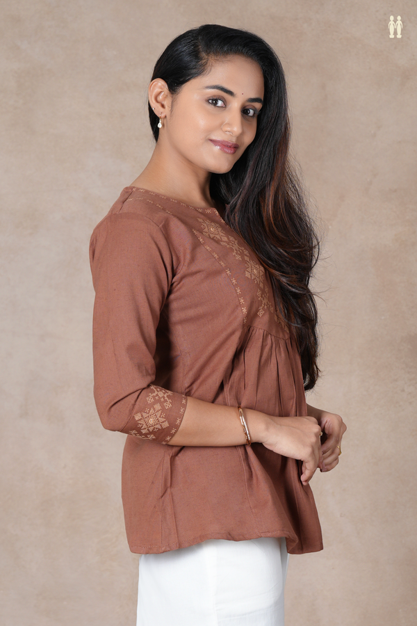 Split Neck Threadwork Design Brown Cotton Short Top