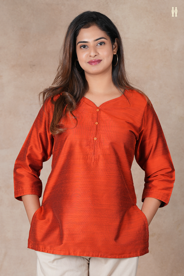 Split Neck Plain Rust Orange Raw Silk Short Top