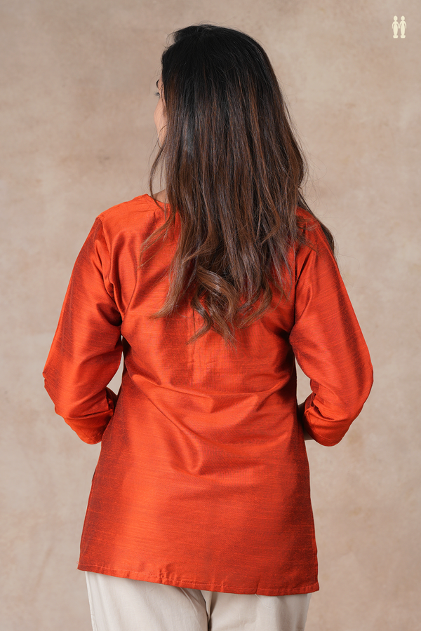 Split Neck Plain Rust Orange Raw Silk Short Top